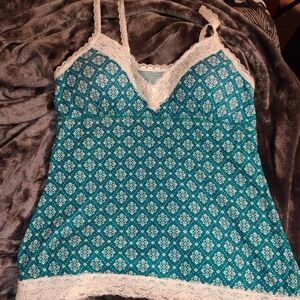 lei Women's Teal and White Lace Trim Tank Top